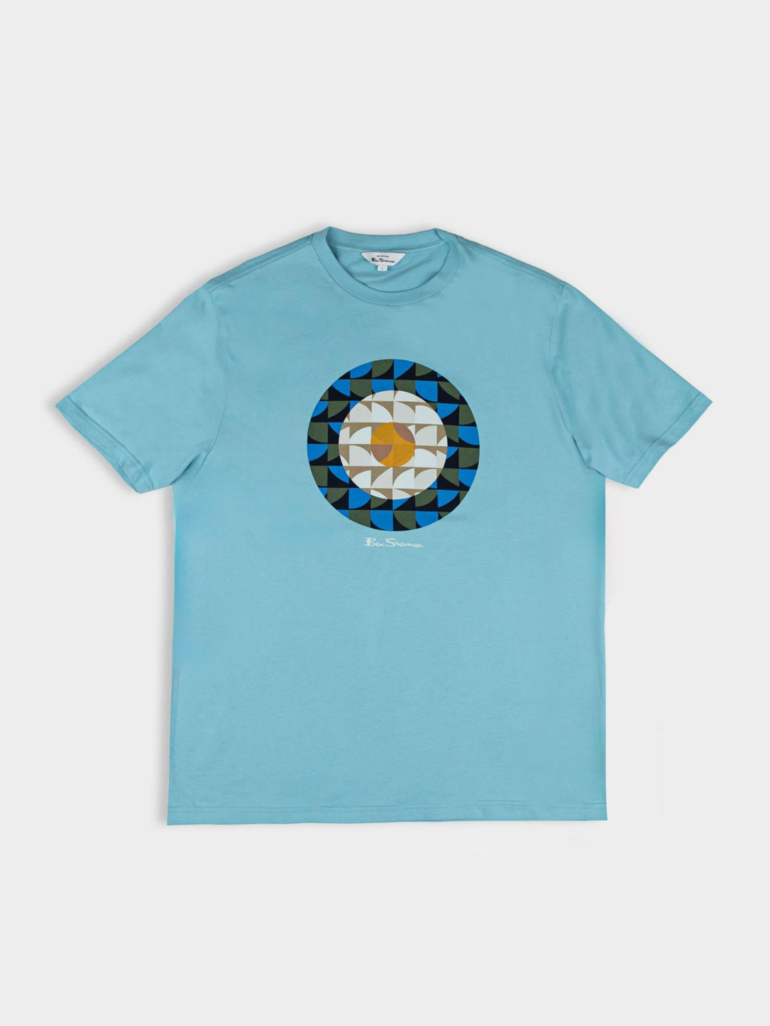Ben Sherman Geo Target T-Shirt in Retro Blue — flat lay product shot with circular geometric print