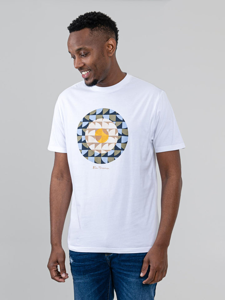 Man wearing Ben Sherman Geo Target T-Shirt in White with bold circular geometric print