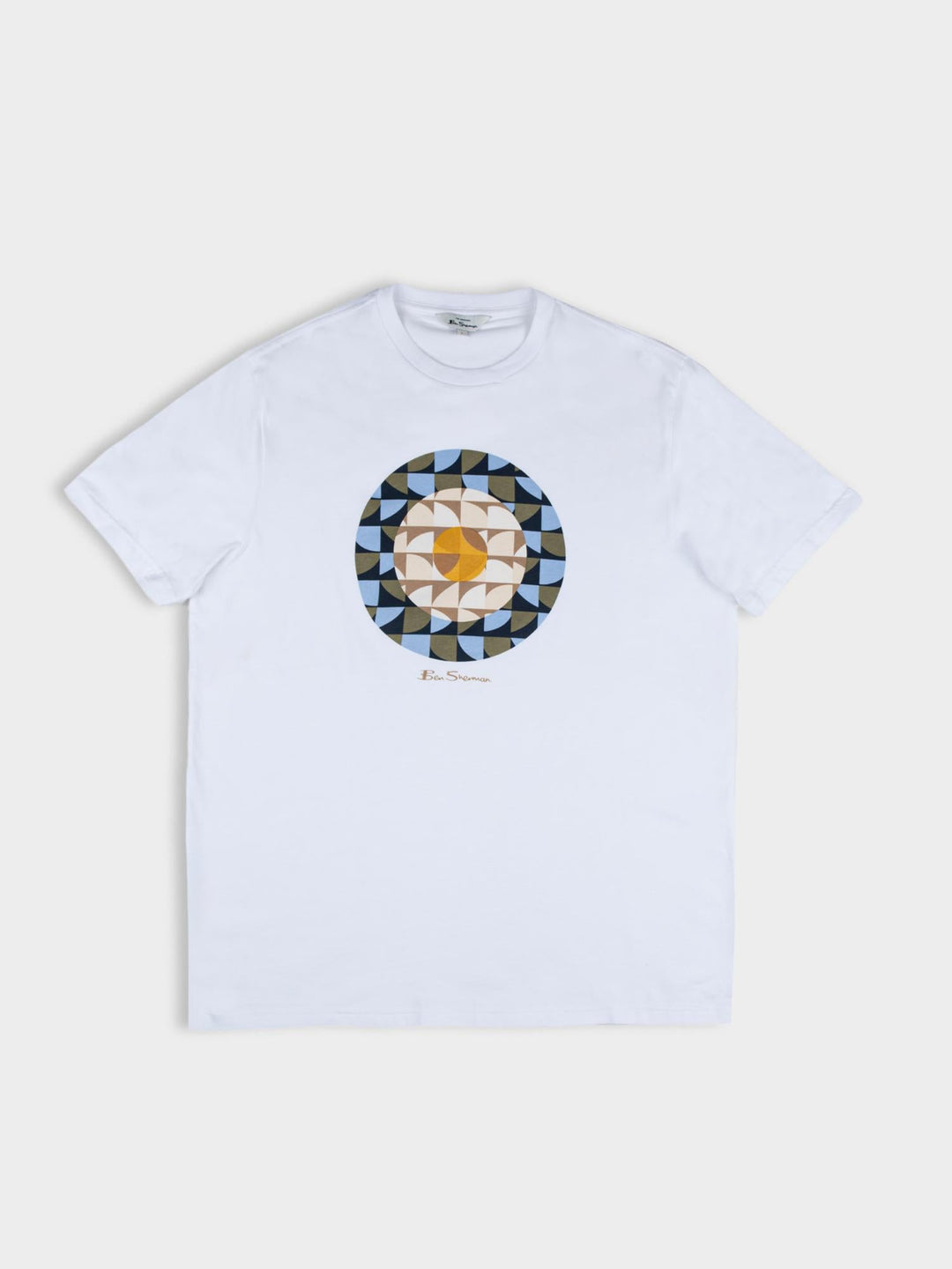Ben Sherman Geo Target T-Shirt in White — flat lay product shot with circular geometric print