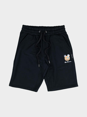 Ben Sherman Happy Bear Fleece Jog Shorts in Black – front view with elasticated drawstring waist, side pockets and embroidered Happy Bear logo