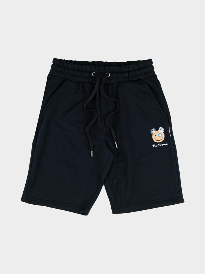 Ben Sherman Happy Bear Fleece Jog Shorts in Black – front view with elasticated drawstring waist, side pockets and embroidered Happy Bear logo