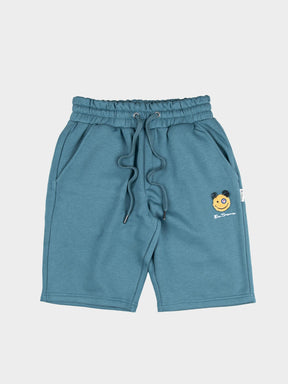 Ben Sherman Happy Bear Fleece Jog Shorts in Greek Blue – front view with elasticated drawstring waist, side pockets and embroidered Happy Bear logo