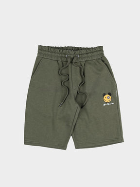 Ben Sherman Happy Bear Fleece Jog Shorts in Tundra – front view with elasticated drawstring waist, side pockets and embroidered Happy Bear logo