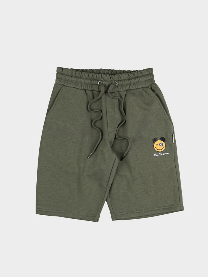 Ben Sherman Happy Bear Fleece Jog Shorts in Tundra – front view with elasticated drawstring waist, side pockets and embroidered Happy Bear logo