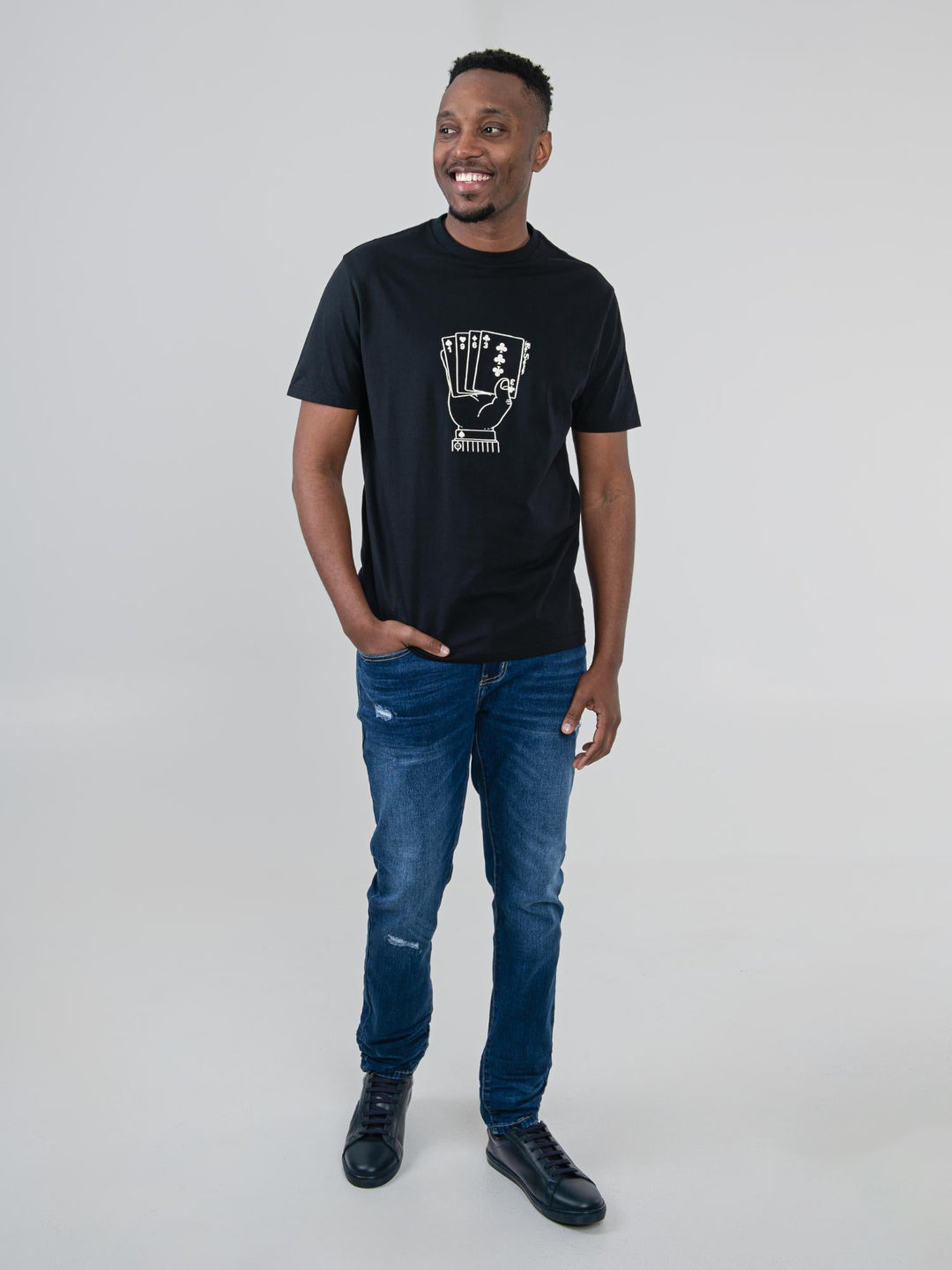 Ben Sherman Hidden Ace T-Shirt in black – full-body front view on male model styled with jeans, showing relaxed regular fit