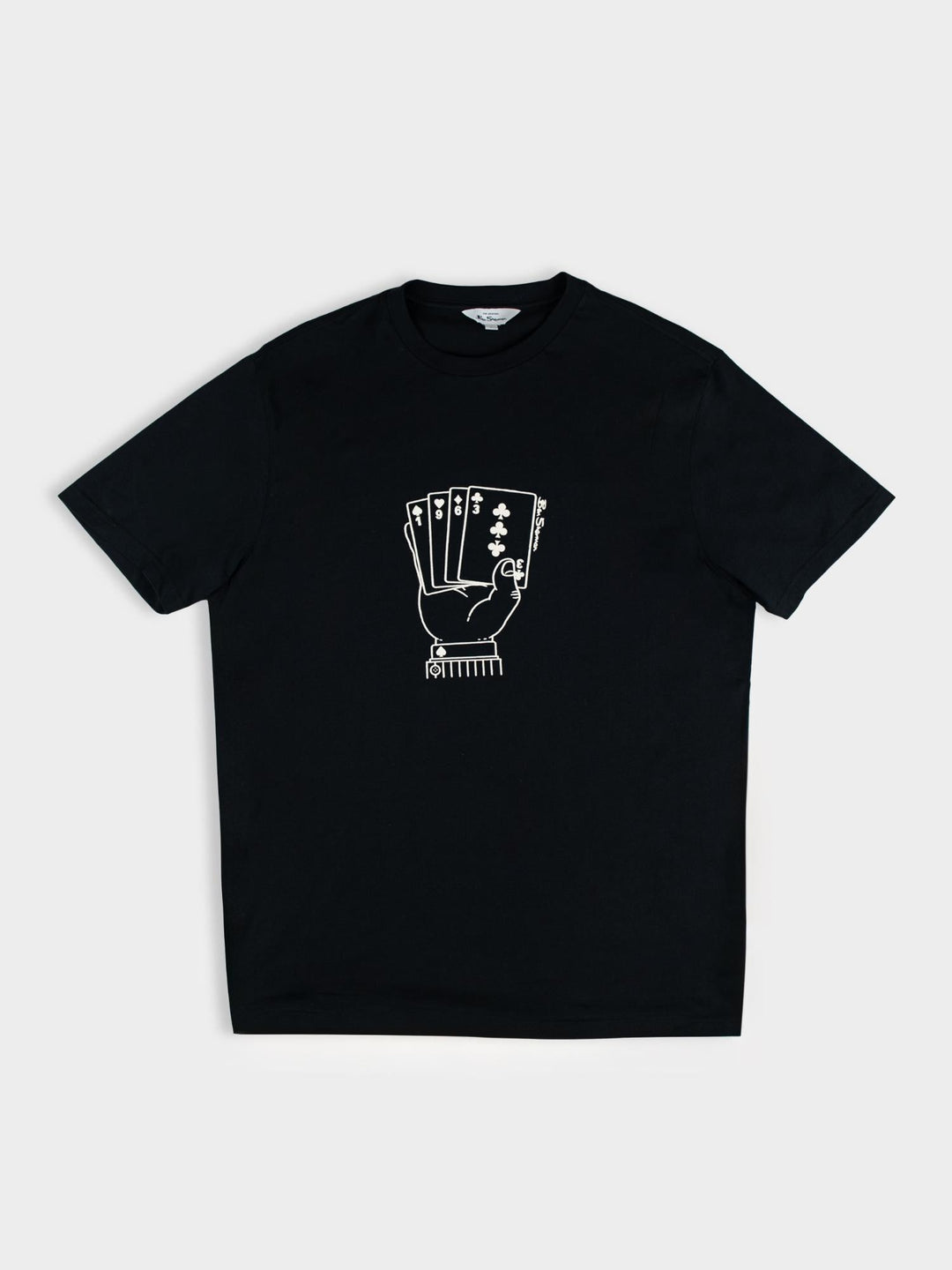 Ben Sherman Hidden Ace T-Shirt in black – flat lay product shot highlighting the playing card chest graphic and crew neckline