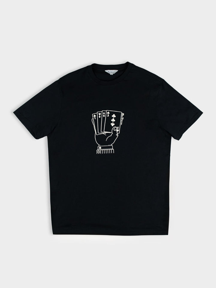 Ben Sherman Hidden Ace T-Shirt in black – flat lay product shot highlighting the playing card chest graphic and crew neckline