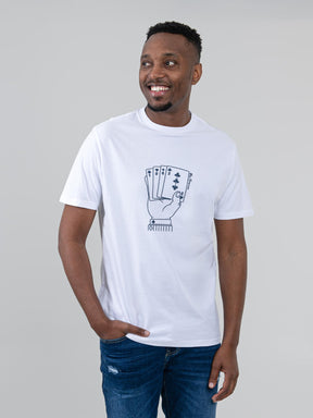Ben Sherman Hidden Ace T-Shirt in White – men's graphic tee with playing card hand print, styled front view