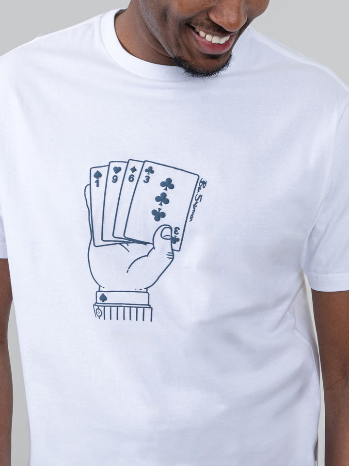 Close-up of Ben Sherman Hidden Ace T-Shirt White – detailed view of playing card hand graphic print on chest