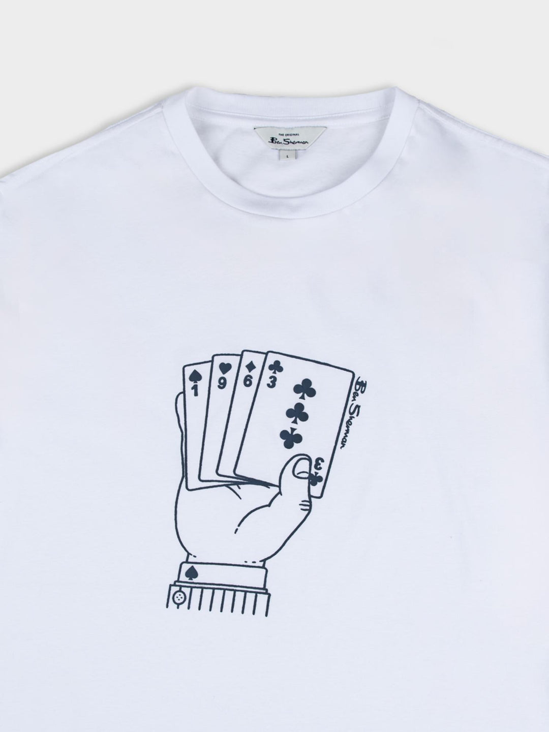 Ben Sherman Hidden Ace T-Shirt White – flat lay close-up of playing card hand of aces graphic print detail