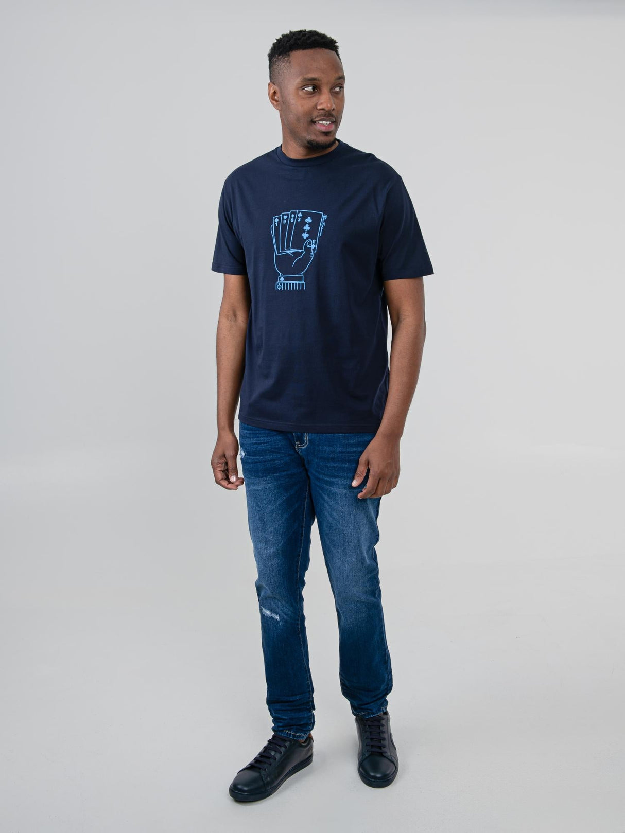 Ben Sherman Hidden Ace Tee in Navy - full-length front view of men's graphic t-shirt styled with jeans