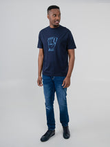 Ben Sherman Hidden Ace Tee in Navy - full-length front view of men's graphic t-shirt styled with jeans