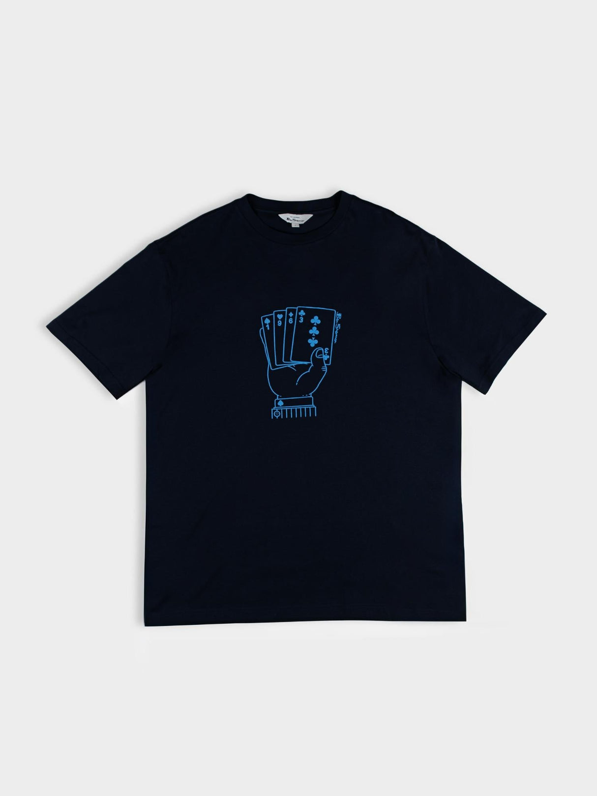 Ben Sherman Hidden Ace Tee in Navy - flat lay showing the full ace card hand chest graphic