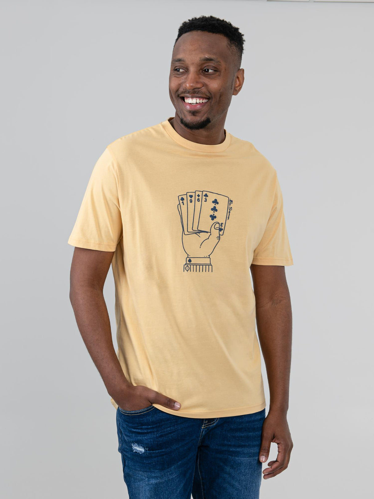 Ben Sherman Hidden Ace Tee in New Wheat - men's graphic t-shirt with hand-of-cards chest print