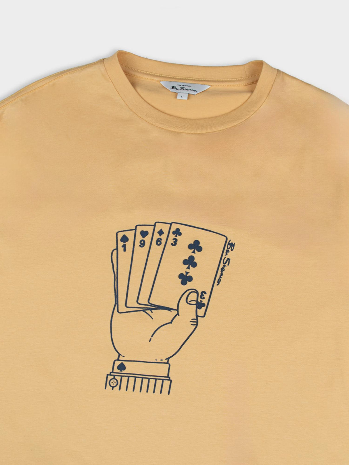 Ben Sherman Hidden Ace Tee in New Wheat - detailed close-up of the playing cards graphic print on chest