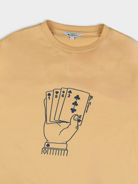 Ben Sherman Hidden Ace Tee in New Wheat - detailed close-up of the playing cards graphic print on chest