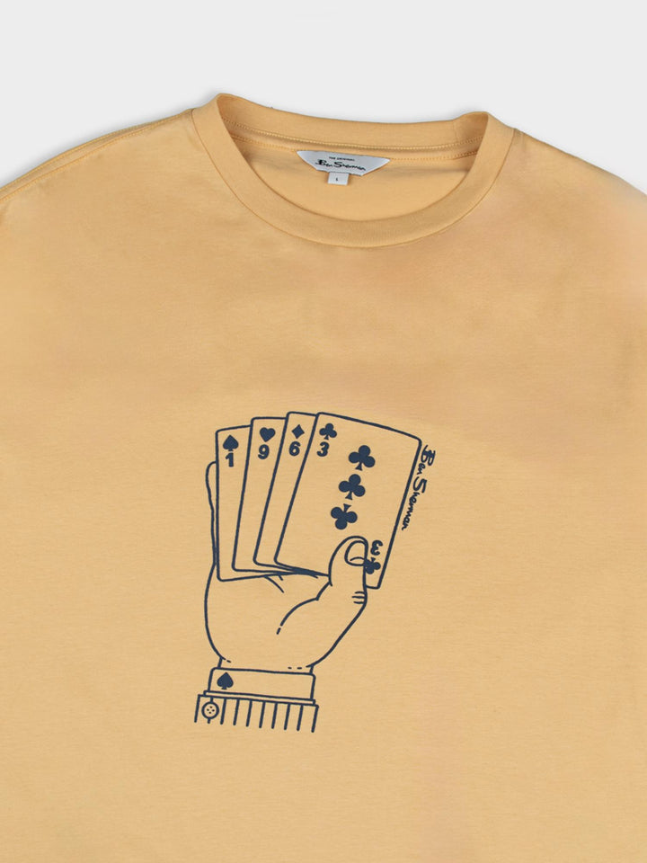 Ben Sherman Hidden Ace Tee in New Wheat - detailed close-up of the playing cards graphic print on chest