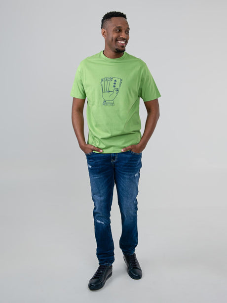 Ben Sherman Hidden Ace Tee in Piquant Green - angled close-up view of the ace card graphic tee