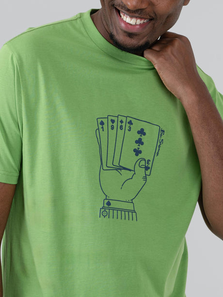 Ben Sherman Hidden Ace Tee in Piquant Green - close-up of the ace card hand graphic print on chest