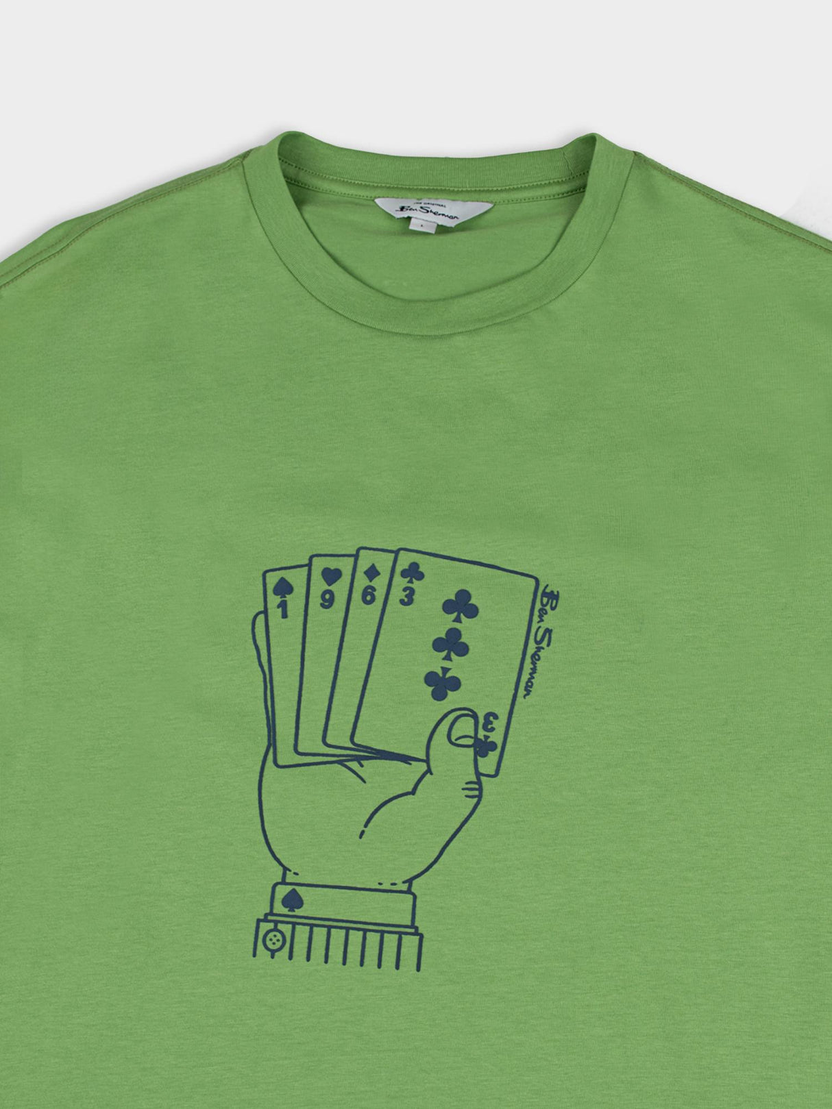 Ben Sherman Hidden Ace Tee in Piquant Green - flat lay showing the full ace card hand chest graphic