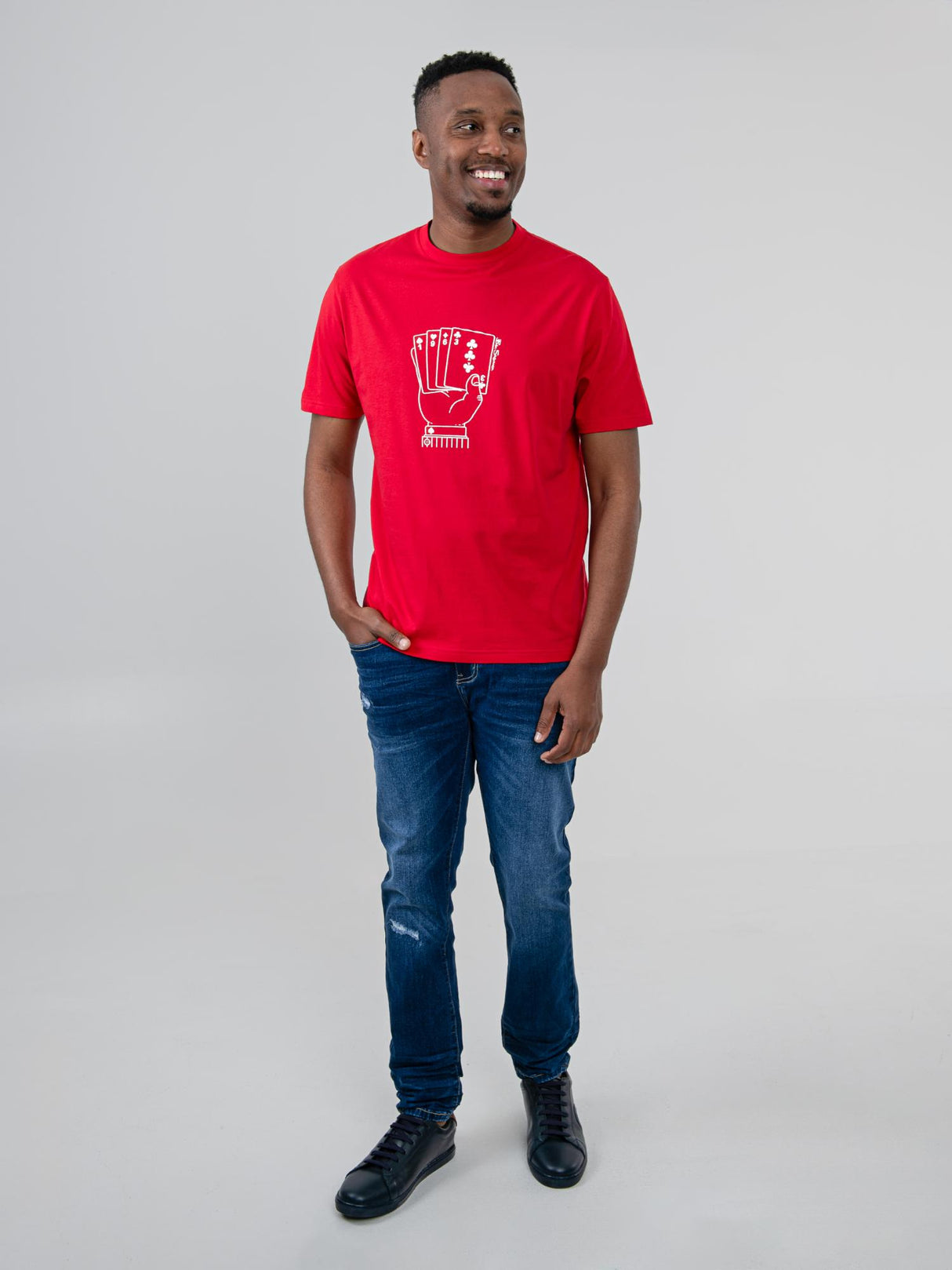 Ben Sherman Hidden Ace Tee in Red - full-length front view of men's graphic t-shirt styled with jeans