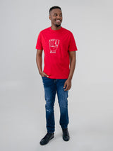 Ben Sherman Hidden Ace Tee in Red - full-length front view of men's graphic t-shirt styled with jeans