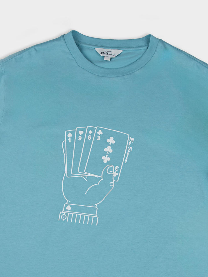 Ben Sherman Hidden Ace Tee in Retro Blue - detailed close-up of the playing cards graphic print on chest