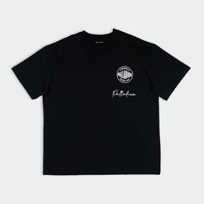 Partisan and Co Signature Oversized Black T-Shirt - Front view with iconic circular logo print, relaxed fit