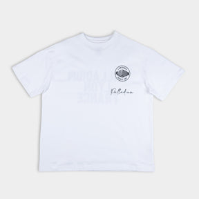 Partisan and Co Signature Oversized White T-Shirt - Front view with iconic circular logo print, relaxed fit