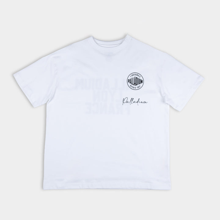 Partisan and Co Signature Oversized White T-Shirt - Front view with iconic circular logo print, relaxed fit