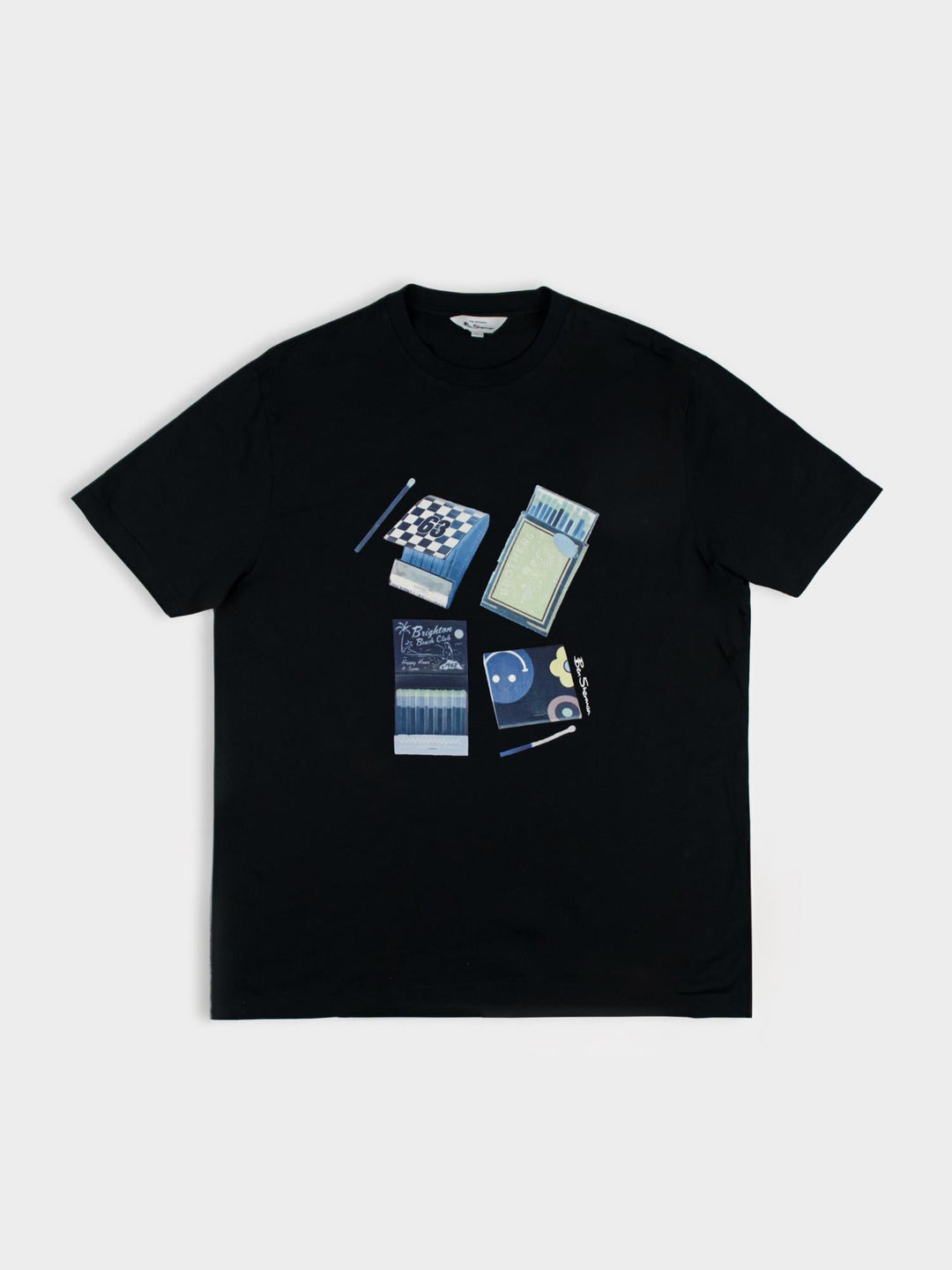 Ben Sherman Match Box T-Shirt in Black – flat lay product shot with colourful vintage matchbook graphic