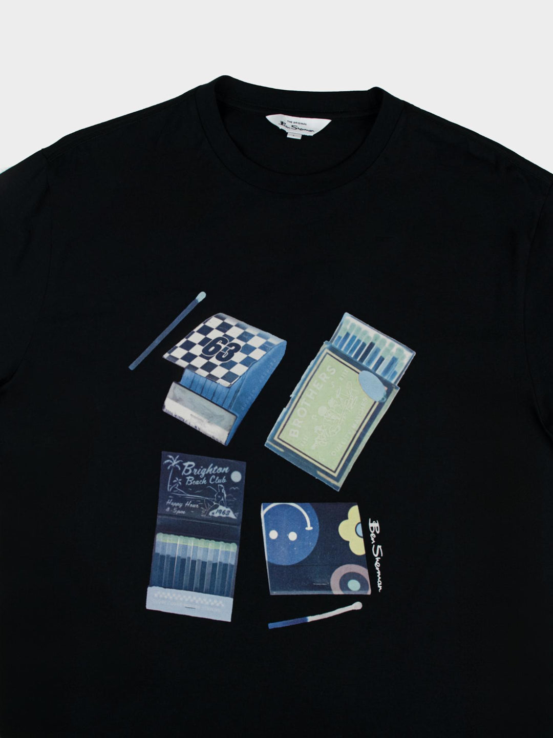 Ben Sherman Match Box T-Shirt Black – overhead flat lay showing colourful vintage matchbook multi-print graphic detail