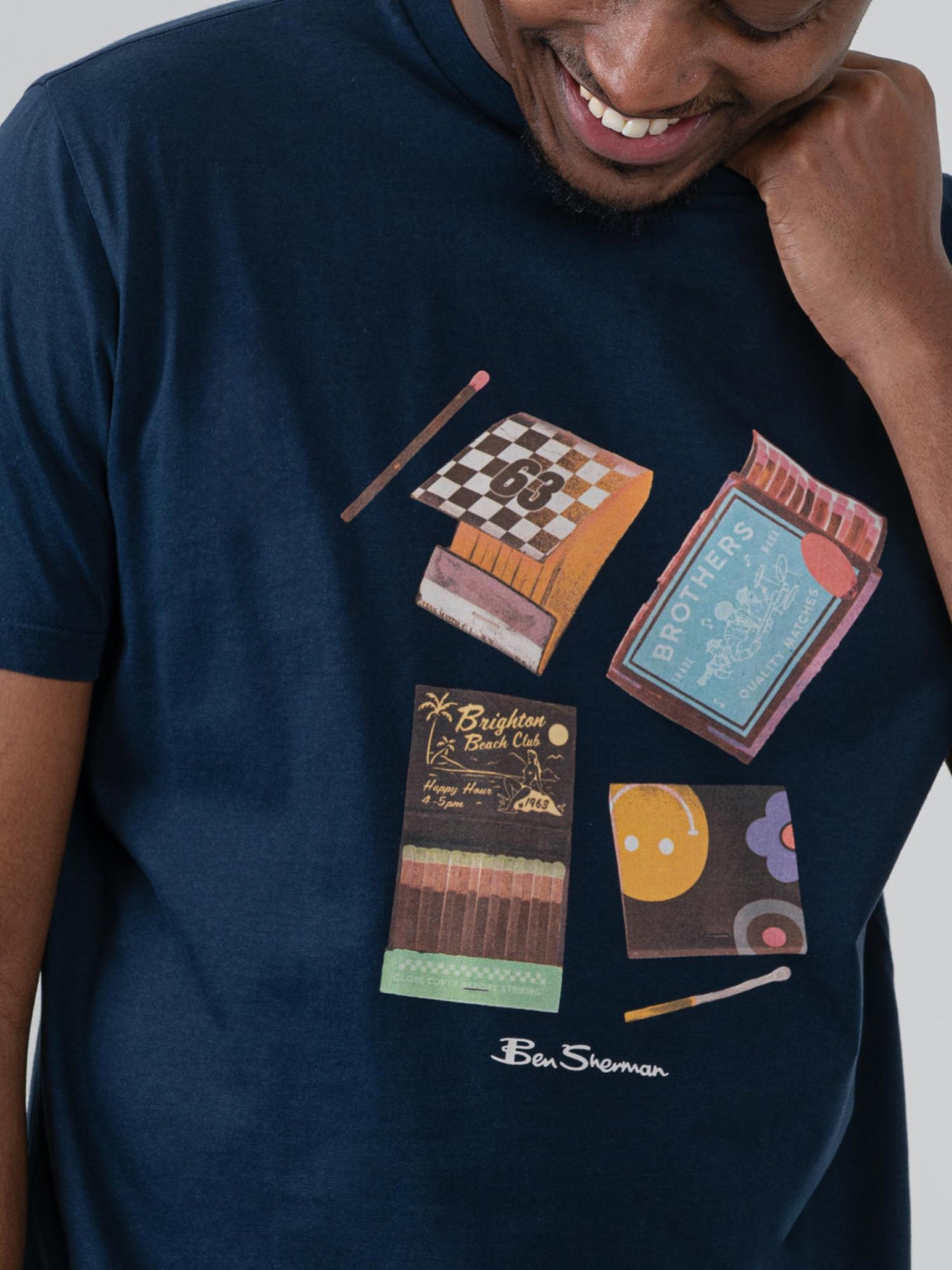 Ben Sherman Match Box T-Shirt in Navy - close-up of vintage matchbook graphic print