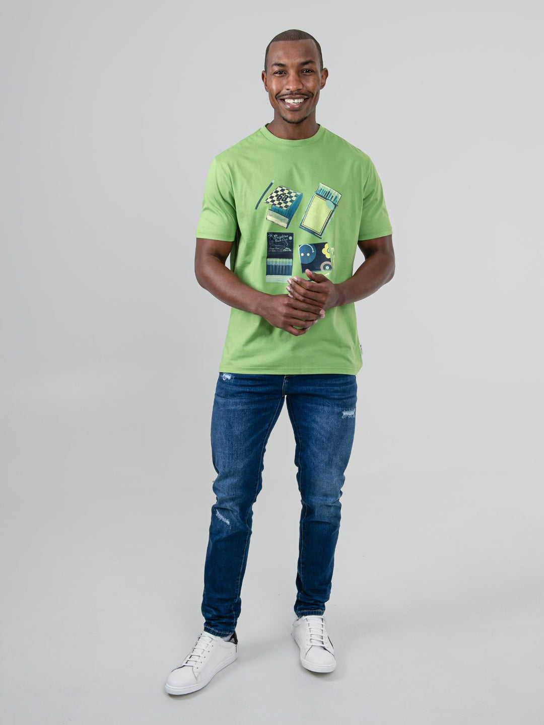 Ben Sherman Match Box T-Shirt in Piquant Green - full-length front view on male model