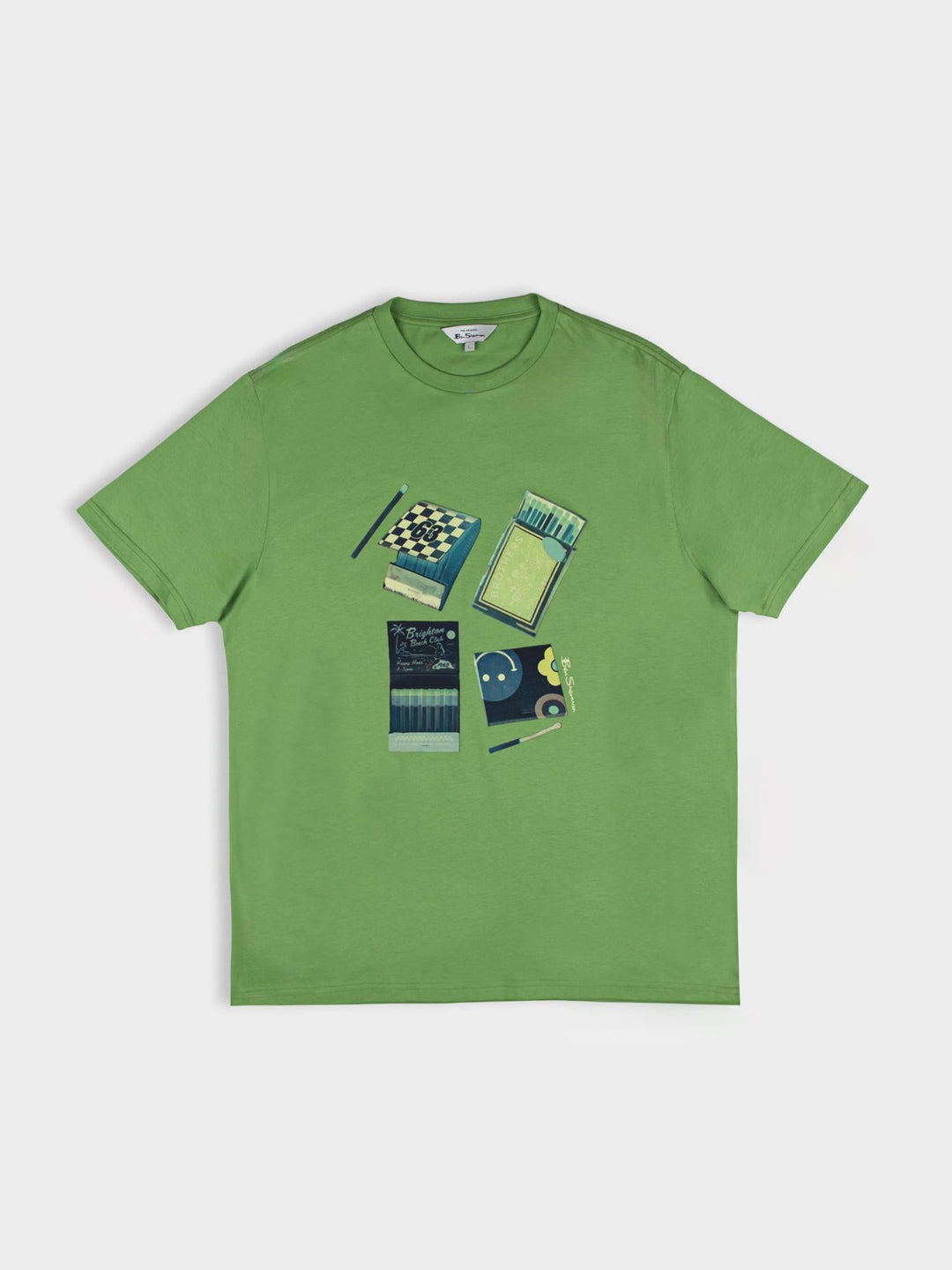 Ben Sherman Match Box T-Shirt in Piquant Green - flat lay showing matchbook graphic print design