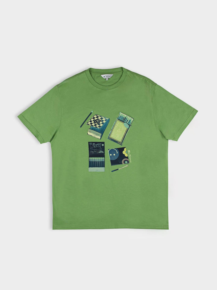 Ben Sherman Match Box T-Shirt in Piquant Green - flat lay showing matchbook graphic print design