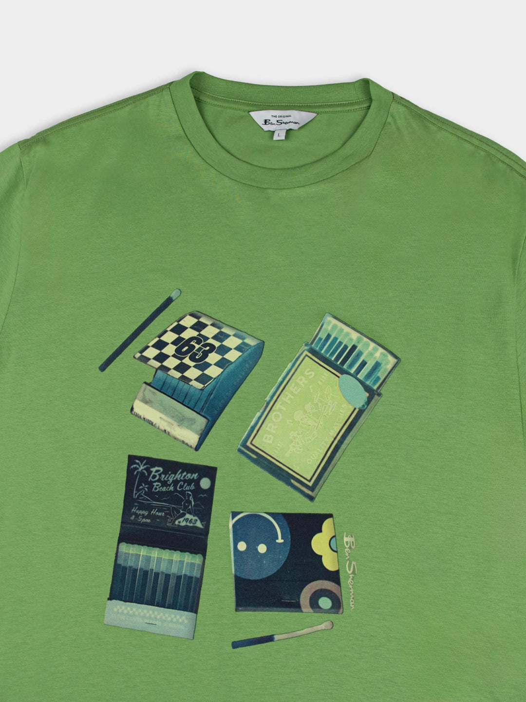 Ben Sherman Match Box T-Shirt in Piquant Green - close-up flat lay of vintage matchbook graphic print