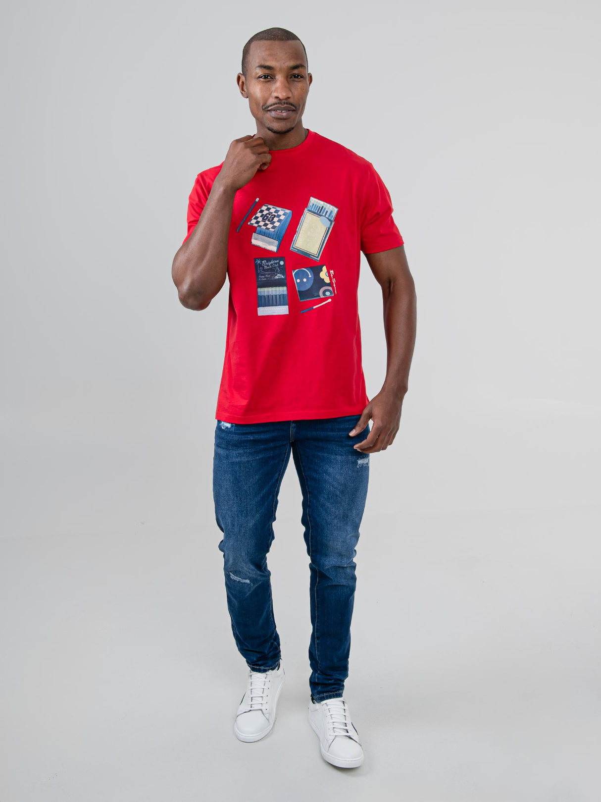 Ben Sherman Match Box T-Shirt in Red - full-length front view on male model