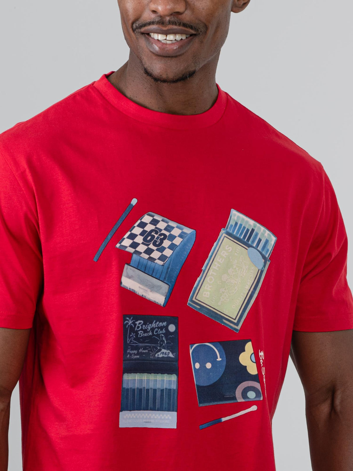 Ben Sherman Match Box T-Shirt in Red - close-up of vintage matchbook graphic print