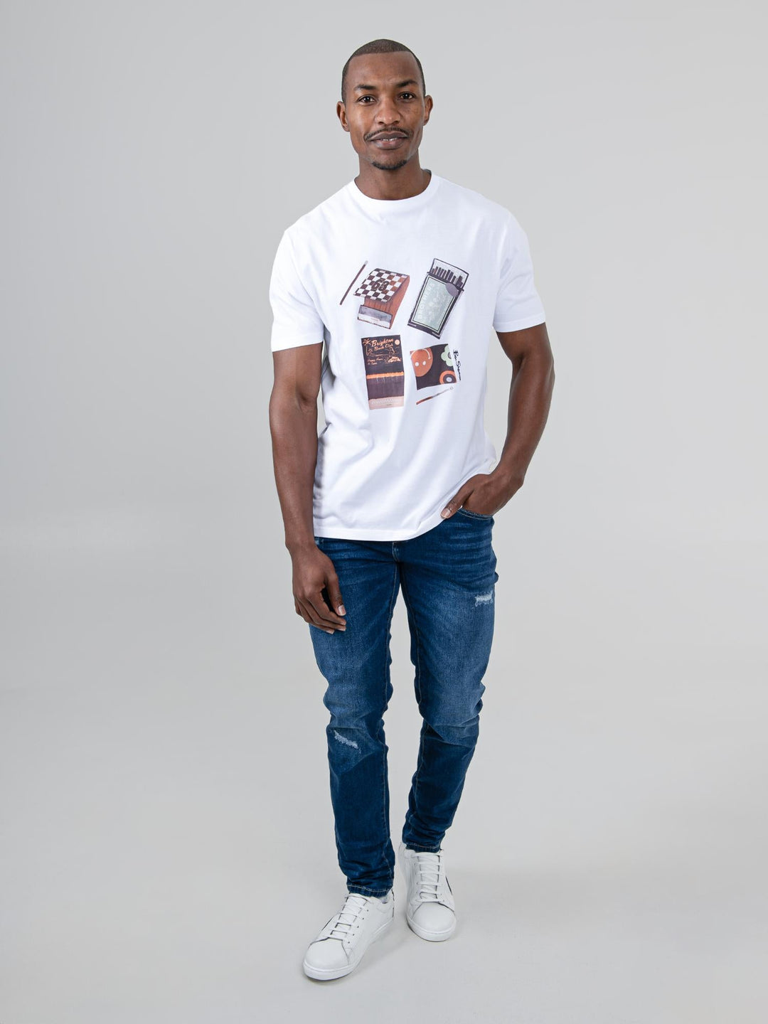 Ben Sherman Match Box T-Shirt in White – full-length front view, men&