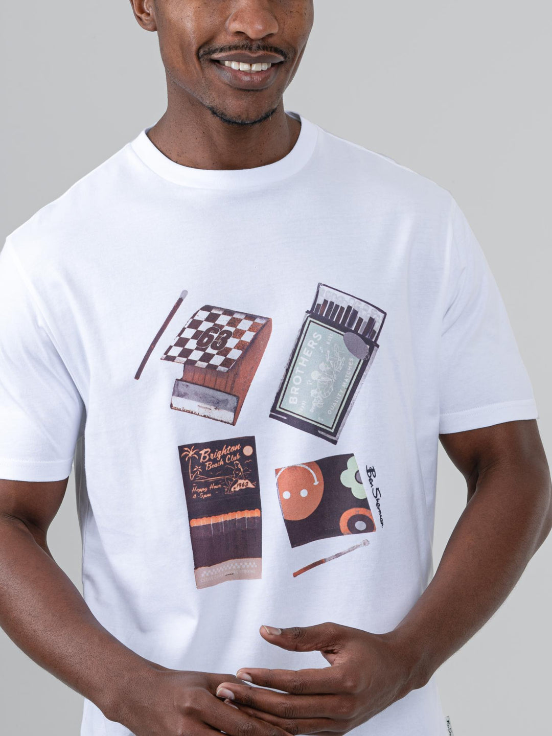 Close-up of Ben Sherman Match Box T-Shirt White – vintage matchbook graphic print detail on chest