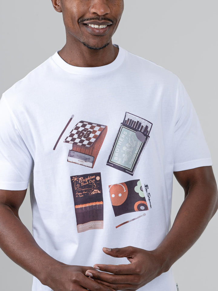 Close-up of Ben Sherman Match Box T-Shirt White – vintage matchbook graphic print detail on chest