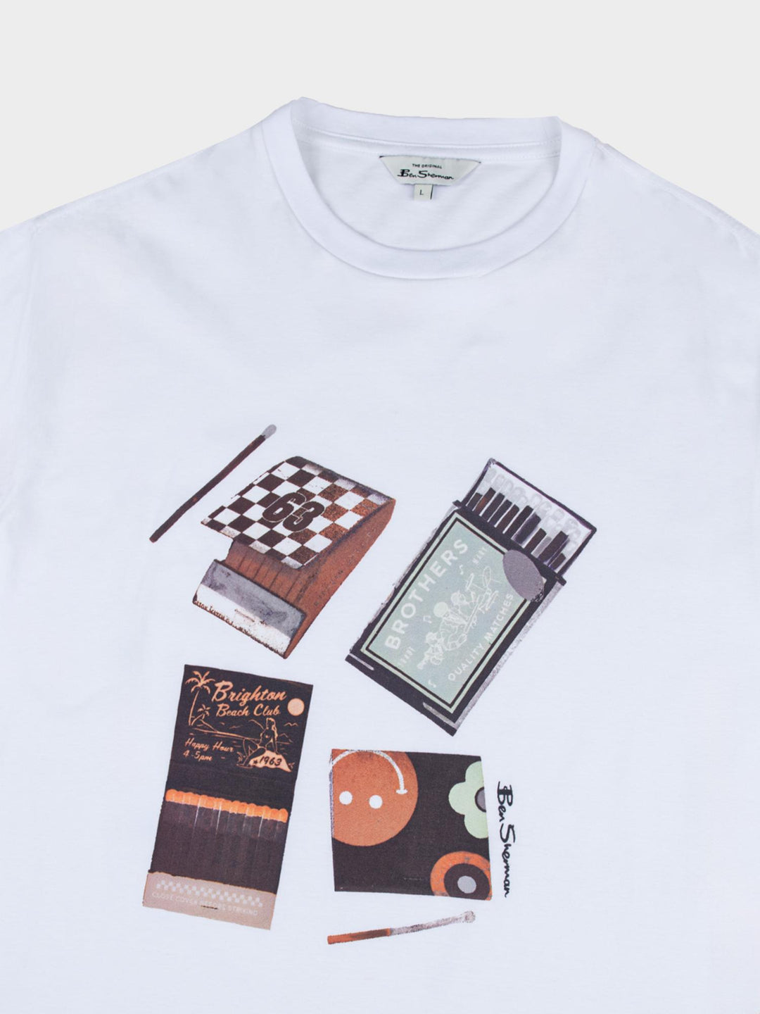 Ben Sherman Match Box T-Shirt White – overhead flat lay showing vintage matchbook multi-print graphic detail
