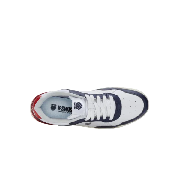 K-Swiss Match Pro Lth sneaker in Peacoat, White and Samba – aerial view showing K-Swiss shield logo on tongue