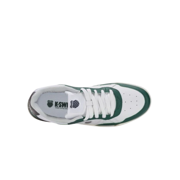 K-Swiss Match Pro Lth sneaker in Posy Green and White – aerial view showing K-Swiss shield logo on tongue