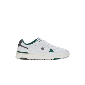 K-Swiss Match Pro Lth men's low-top leather sneaker in White, Pavement and Posy Green – side profile view