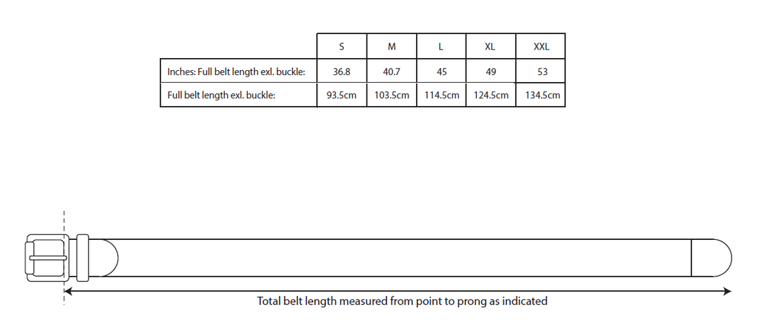 Ben Sherman Weave Belt size guide - belt length measurement chart in inches and centimetres for sizes S to XXL