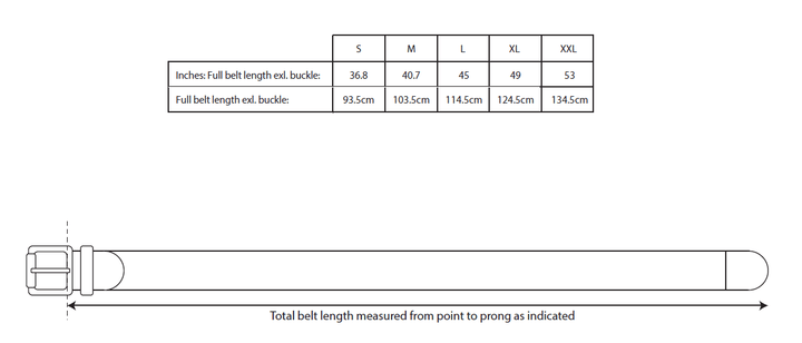 Ben Sherman Weave Belt size guide - belt length measurement chart in inches and centimetres for sizes S to XXL