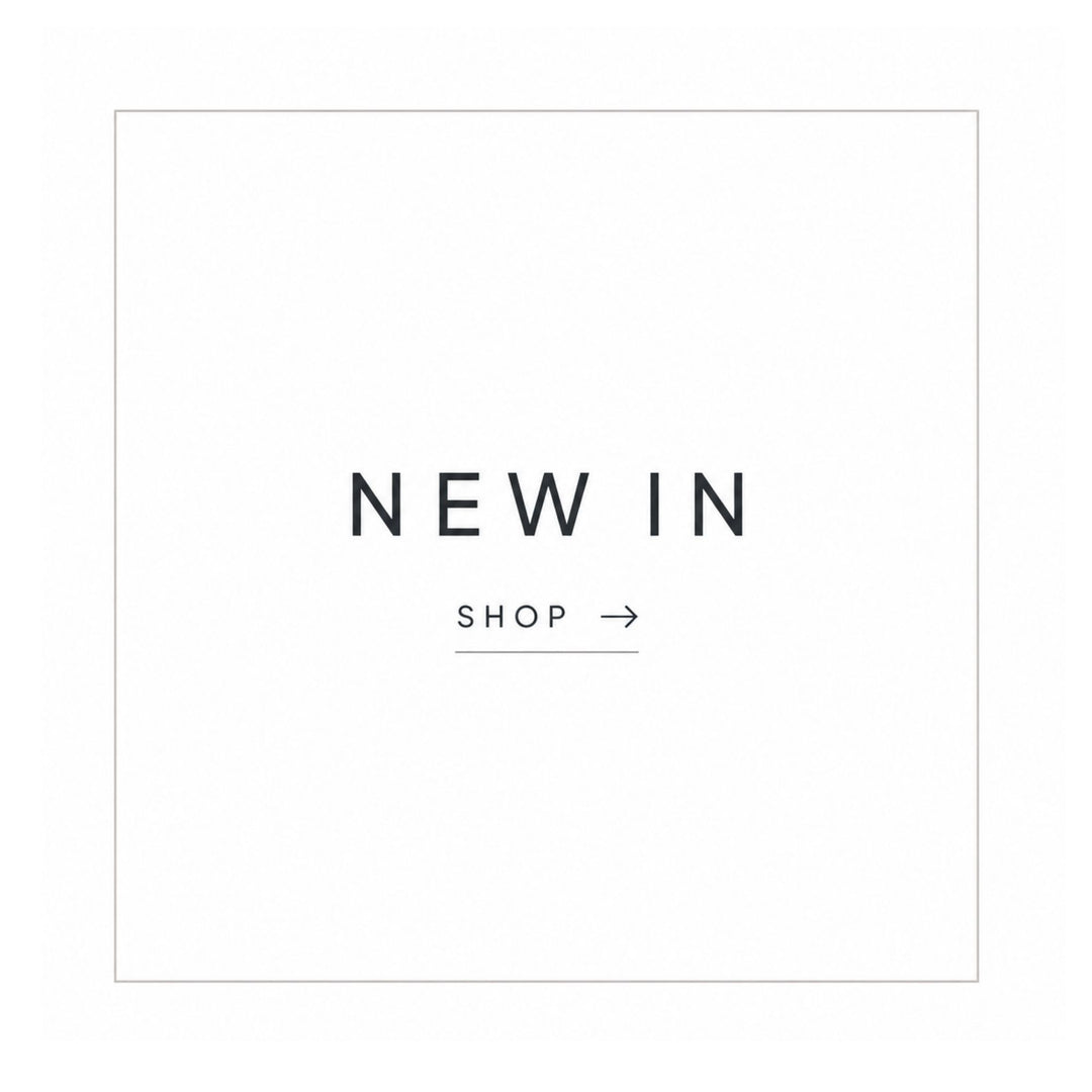 A minimalist white square graphic with a thin border and centered text reading 'NEW IN' above 'SHOP →', indicating a new arrivals section.