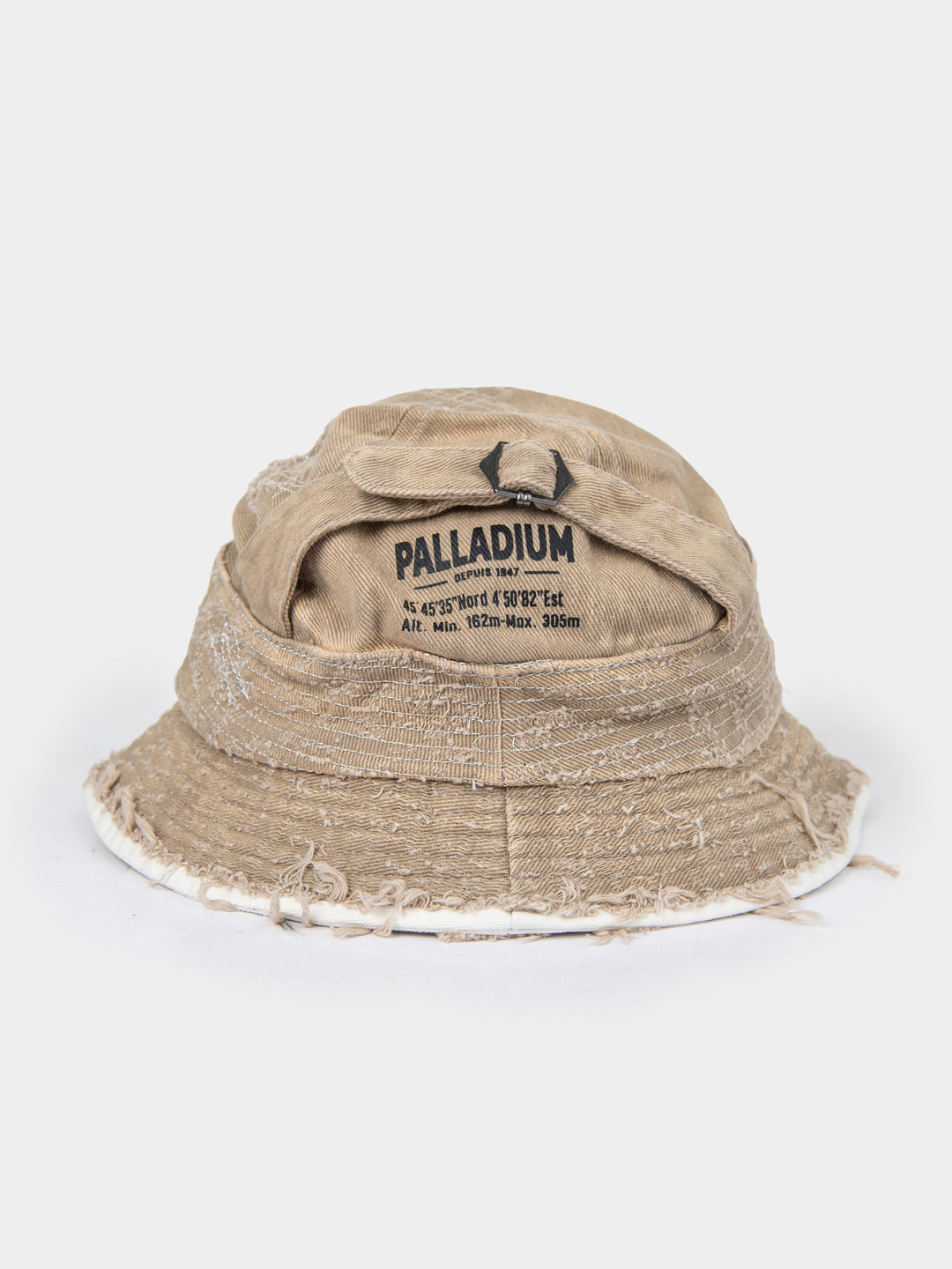 Palladium frayed bucket hat in stone washed canvas with raw frayed brim and Palladium branding